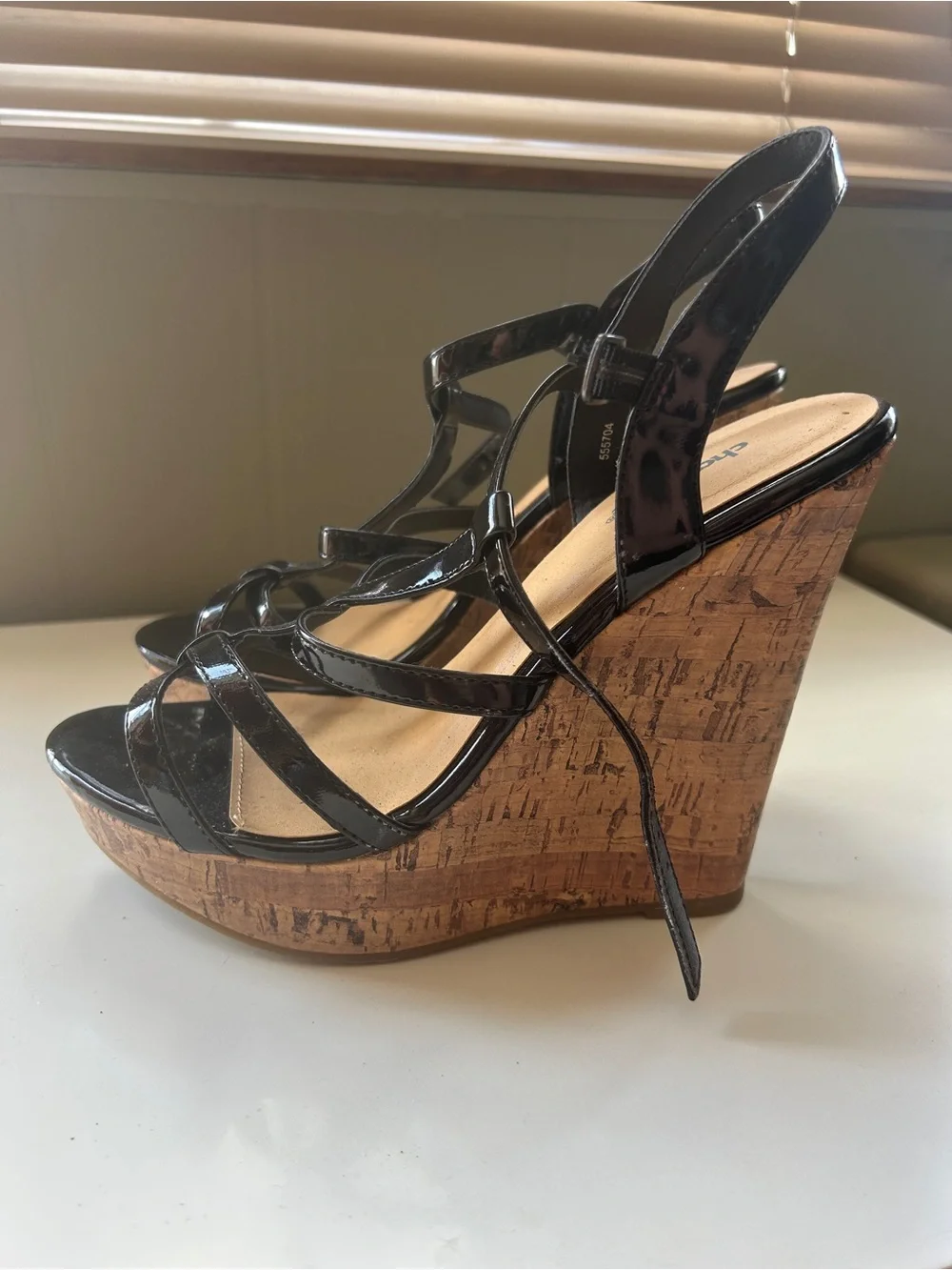 Charlotte Russe Black Patent Strappy Cork Platform Wedges